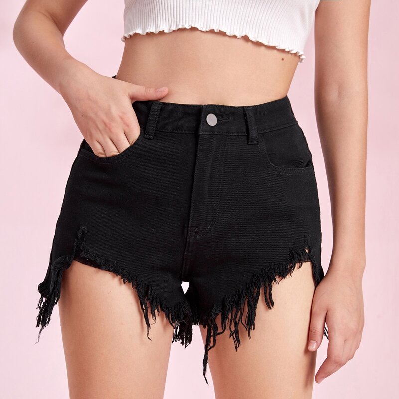 

Distressed Denim Shorts, Black