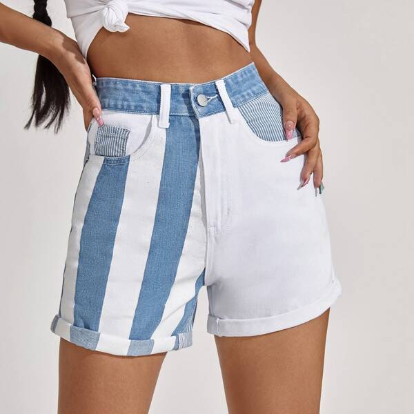 

Color Block Cuffed Denim Shorts, Blue and white