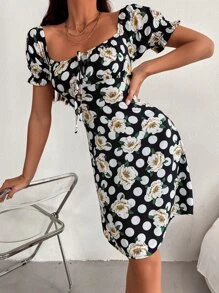 SHEIN Unity 滿版印花泡泡袖A字型洋裝 - 彩色 - 查看 1