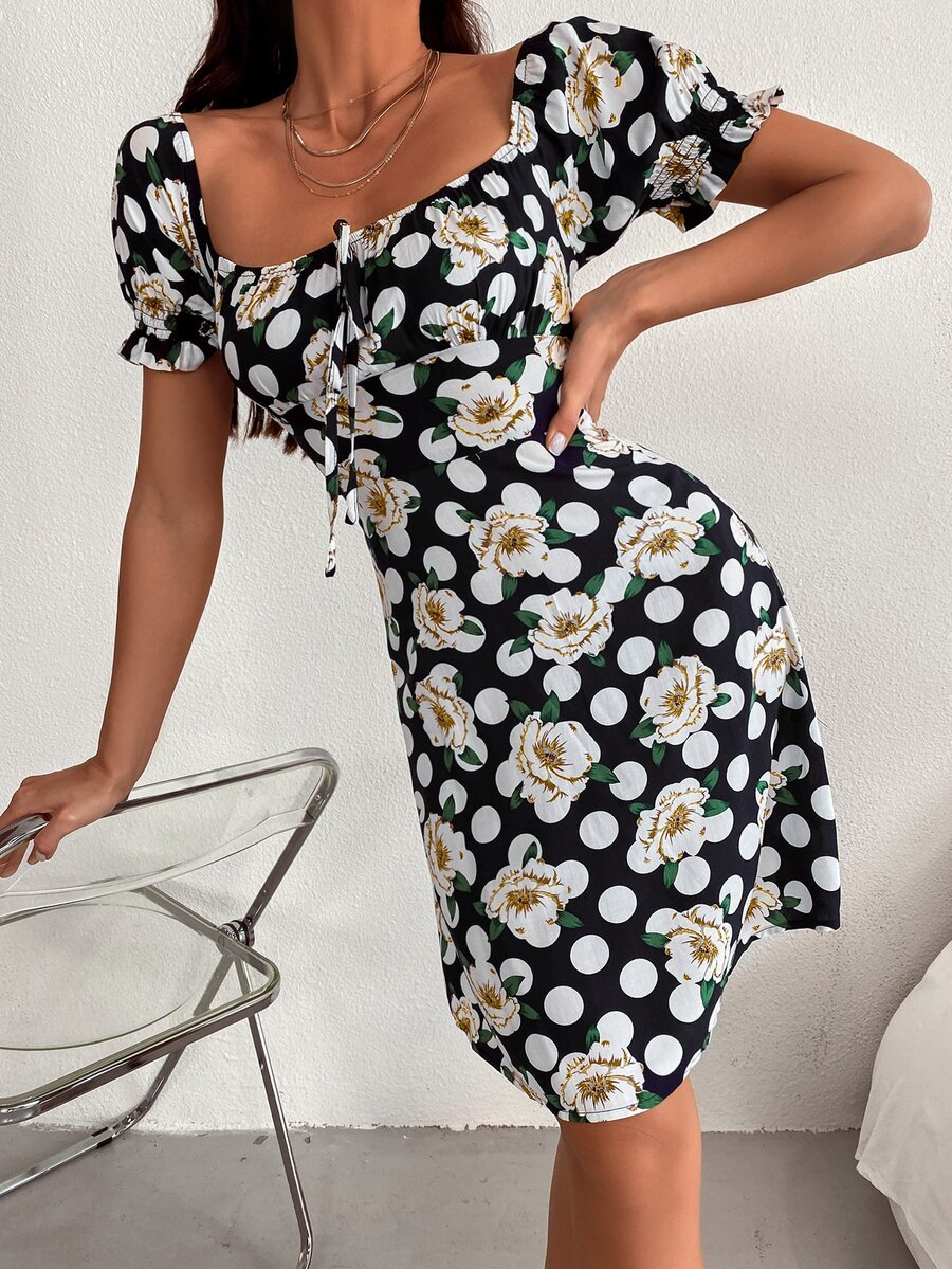 SHEIN Unity 滿版印花泡泡袖A字型洋裝 - 彩色 - 查看 1