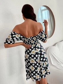 SHEIN Unity 滿版印花泡泡袖A字型洋裝 - 彩色 - 查看 2