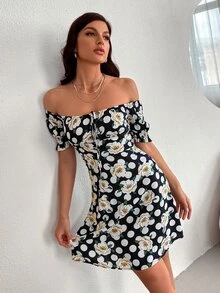 SHEIN Unity 滿版印花泡泡袖A字型洋裝 - 彩色 - 查看 3