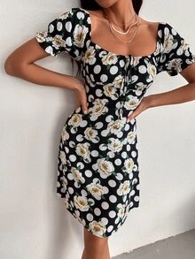 SHEIN Unity 滿版印花泡泡袖A字型洋裝 - 彩色 - 查看 4