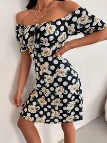 SHEIN Unity 滿版印花泡泡袖A字型洋裝 - 彩色 - 查看 7