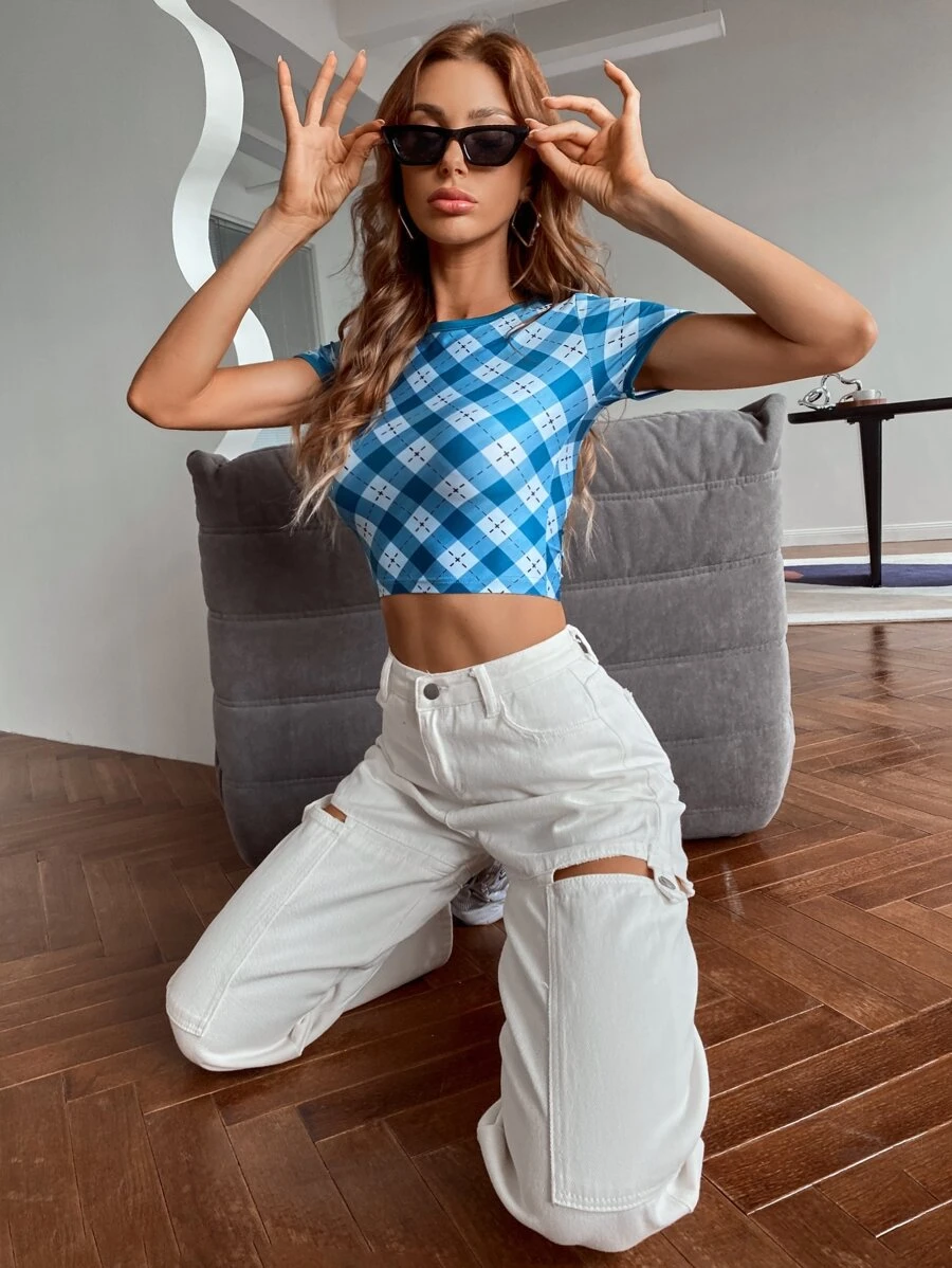 GENKIRA Áo thun Tương phản ràng buộc Sọc ca rô Giải trí - Xanh và trắng - Xem 1