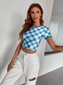 GENKIRA Áo thun Tương phản ràng buộc Sọc ca rô Giải trí - Xanh và trắng - Xem 3