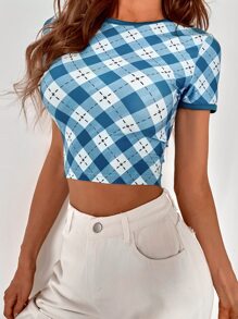 GENKIRA Áo thun Tương phản ràng buộc Sọc ca rô Giải trí - Xanh và trắng - Xem 5