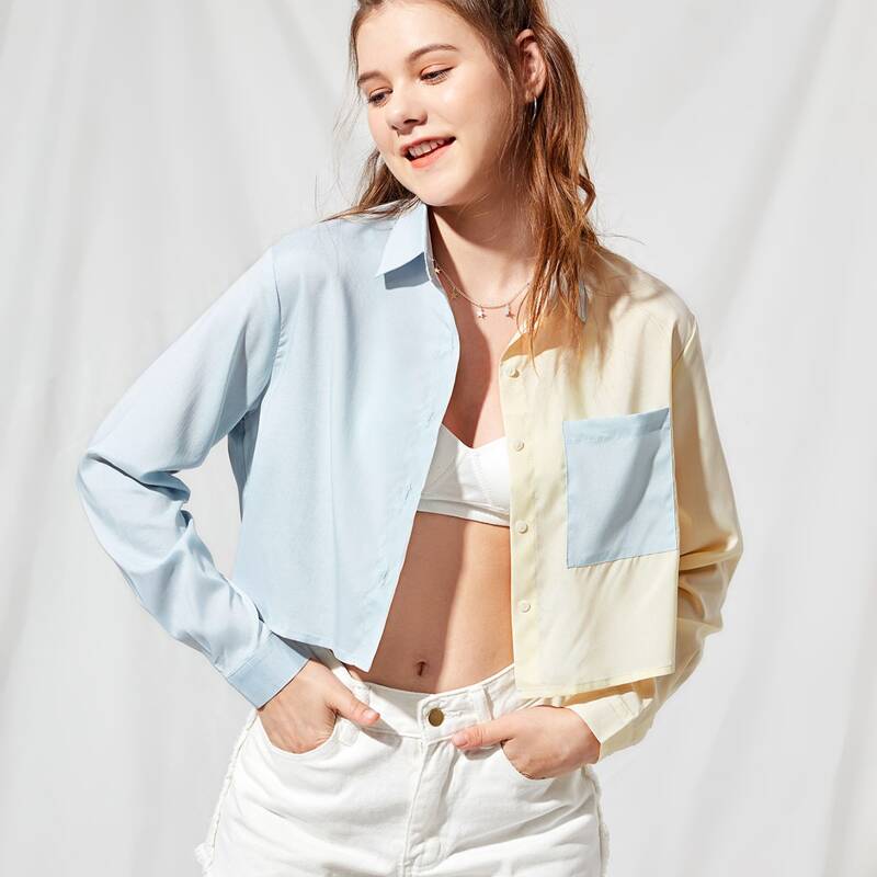 

Colorblock Button Front Pocket Blouse, Multicolor