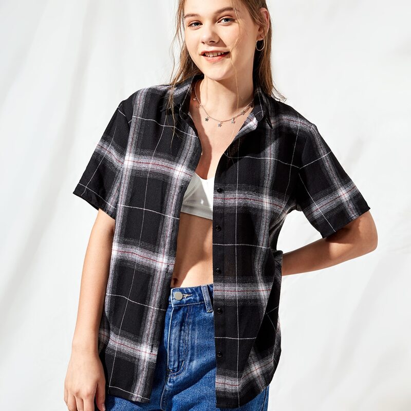 

Plaid Button Front Blouse, Black