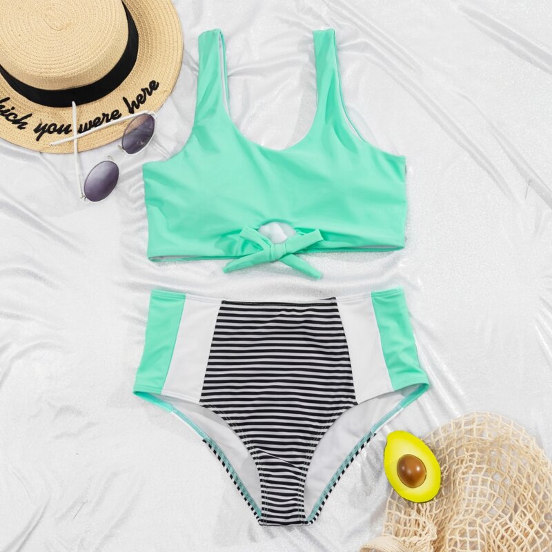 

Striped Knot Hem High Waisted Bikini Swimsuit, Multicolor