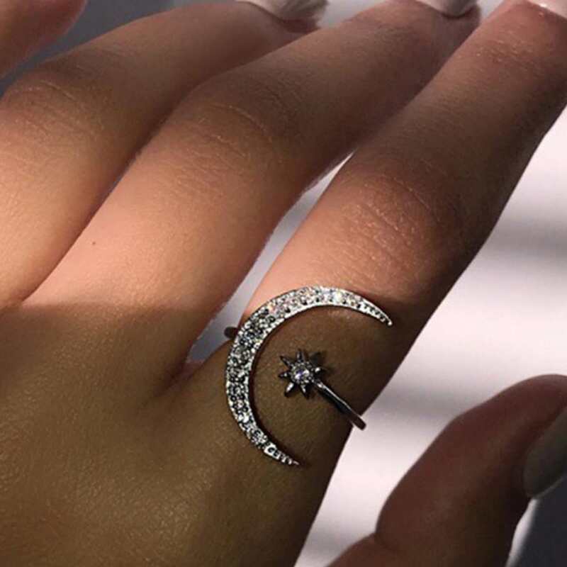 

1pc Star & Moon Rhinestone Ring, Silver