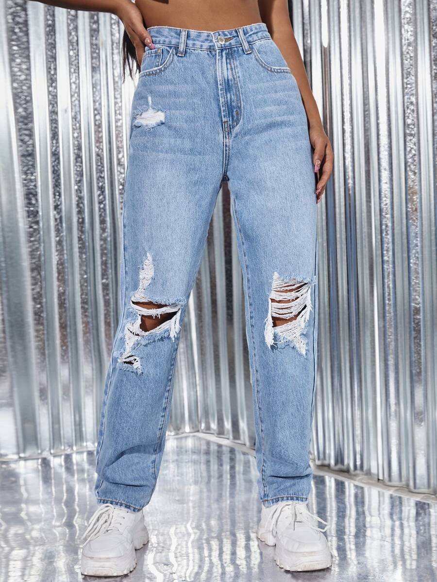 SHEIN ICON 淺色水洗破洞細節直筒牛仔褲 - 淺色水洗藍 - 查看 1