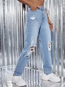 SHEIN ICON 淺色水洗破洞細節直筒牛仔褲 - 淺色水洗藍 - 查看 3