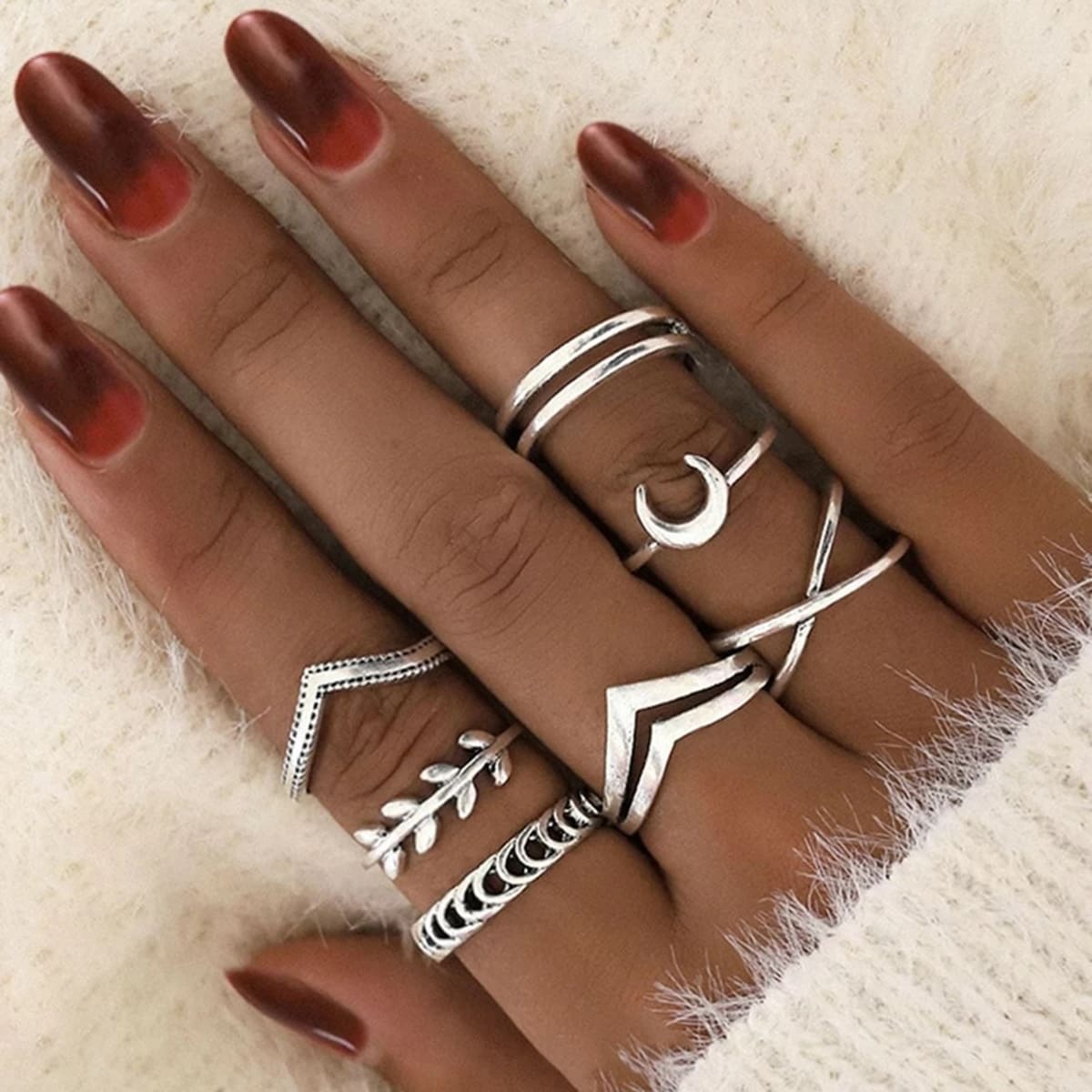 

7pcs Moon Decor Ring, Silver