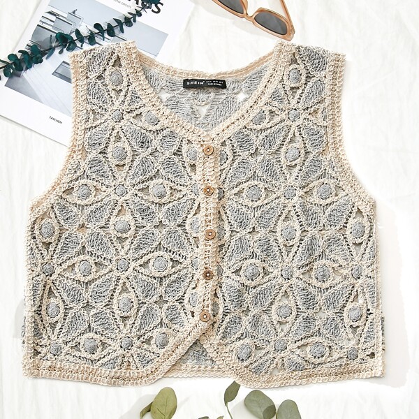 

Button Front Crochet Cover Up, Apricot
