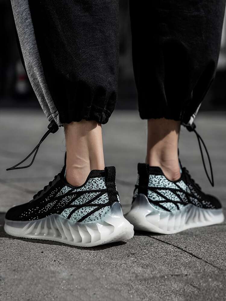 Men Lace-up Front Knit Sneakers - Black - View 4