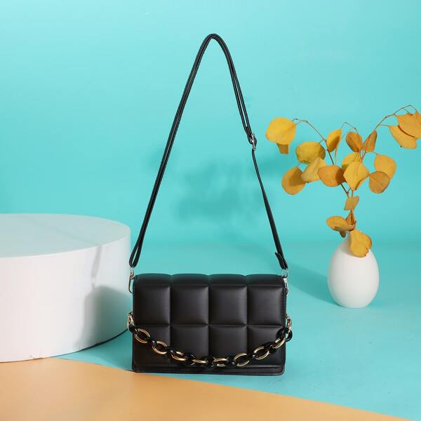 

Minimalist Textured Chain Decor Crossbody Bag, Black