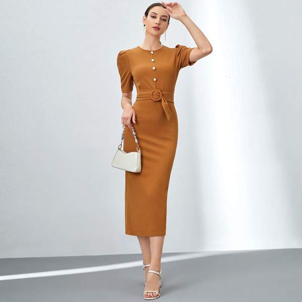 

Solid Button Split Back Fitted Dress, Brown