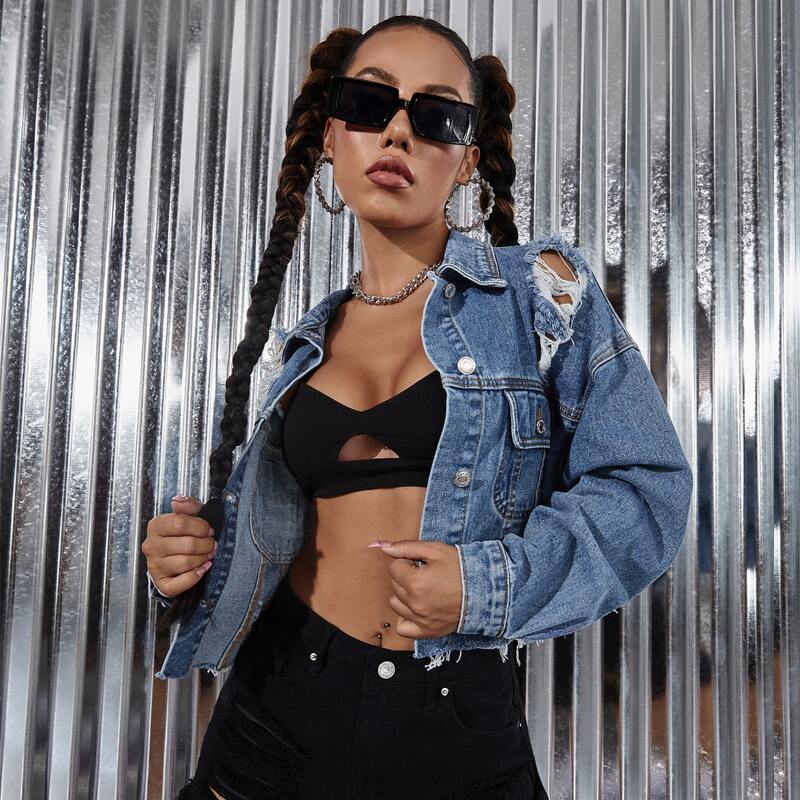 

Ripped Drop Shoulder Crop Denim Jacket, Dark wash