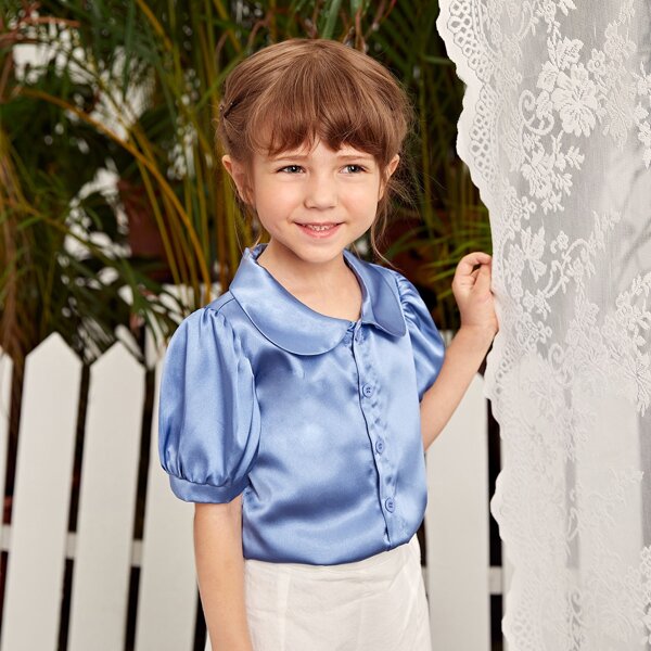 

Toddler Girls Satin Peter Pan Collar Puff Sleeve Blouse, Blue