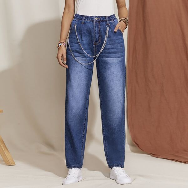 

High Waist Chain Detail Mom Jeans, Dark wash