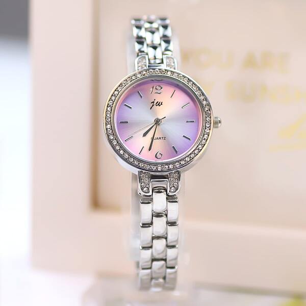 

Rhinestone Decor Round Pointer Quartz Watch