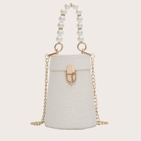 

Faux Pearl Decor Cartoon Embossed Novelty Bag, Beige