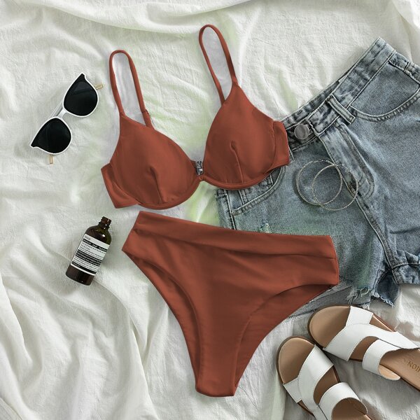 

Underwire High Waisted Bikini Swimsuit, Brown