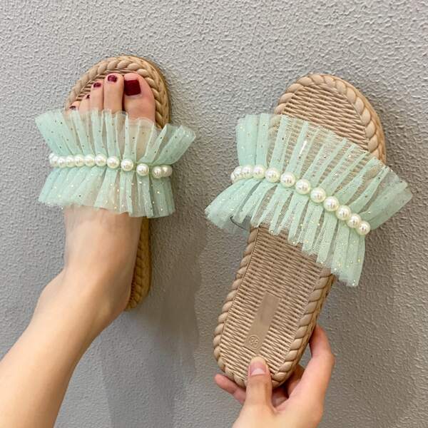 

Faux Pearl Decor Ruffle Decor Slide Sandals, Green