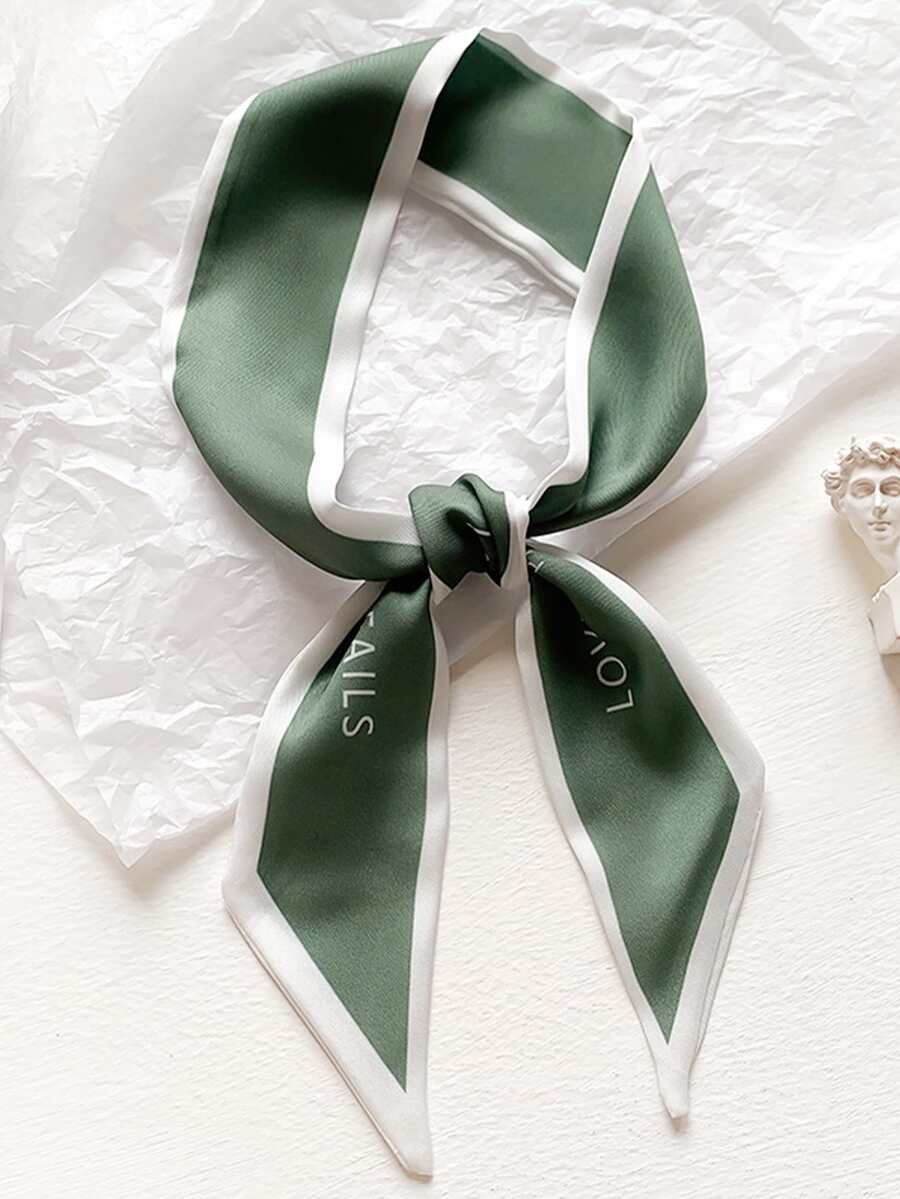 1pc Women's Letter Print Satin Scarf, Ins Style Hairband & Wristband, Suitable For Daily Wear - Green - View 1
