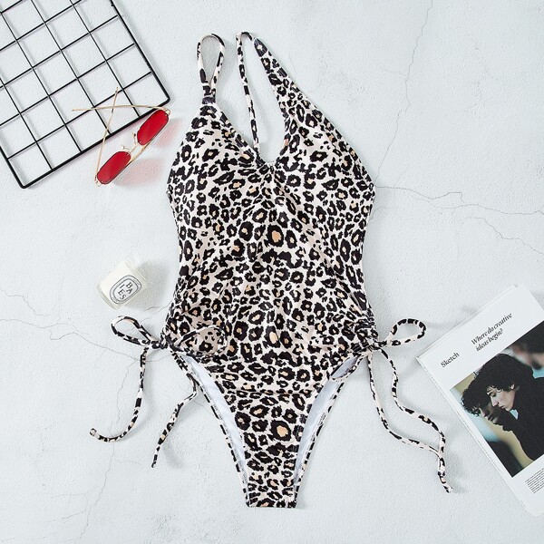 

Leopard One Shoulder Tie Side One Piece Swimsuit, Multicolor