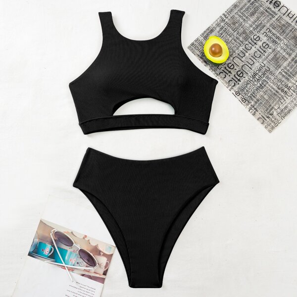 

Rib Cut Out High Waisted Bikini Swimsuit, Black