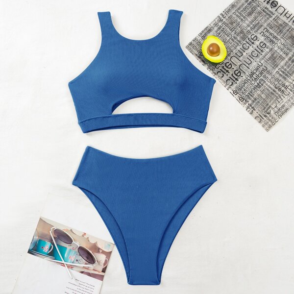 

Rib Cut Out High Waisted Bikini Swimsuit, Dusty blue