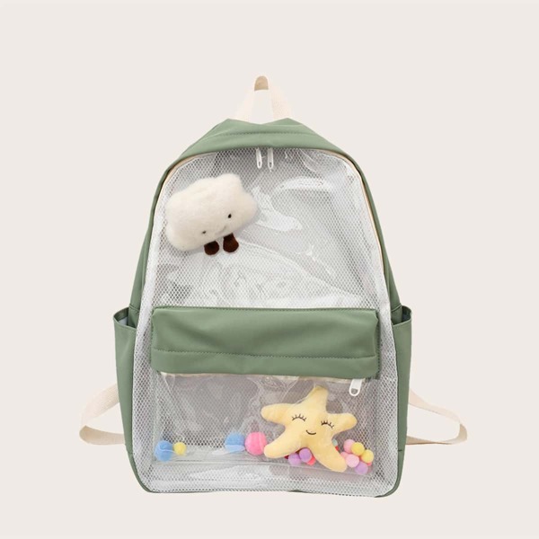 

Cartoon Decor Pocket Front Backpack, Green
