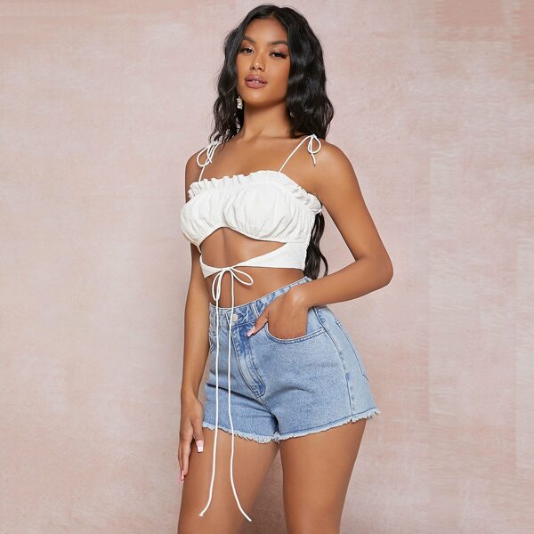

1pc Knot Straps Ruched Bust Tie Front Shirred Crop Top, White