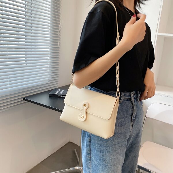 

Snap Button Flap Shoulder Bag, Beige