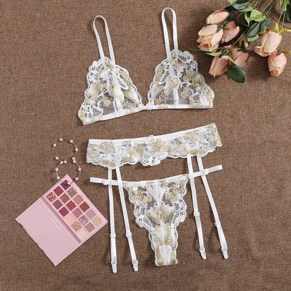 

Embroidered Mesh Garter Lingerie Set, Multicolor