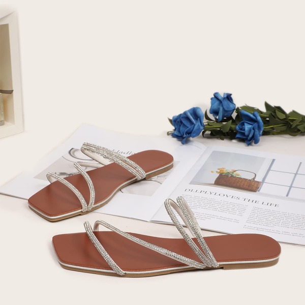 

Rhinestone Decor Strappy Slide Sandals, Beige