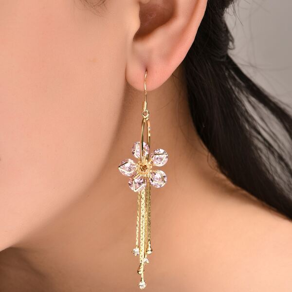 

Rhinestone Flower Decor Metal Tassel Earrings, Gold