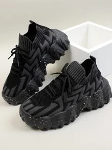 鋸齒紋繫帶裝飾針織厚底運動鞋 - 黑色 - 查看 2