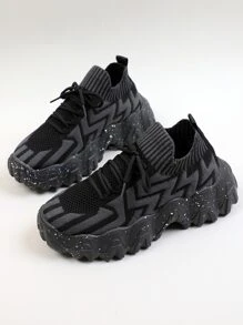 鋸齒紋繫帶裝飾針織厚底運動鞋 - 黑色 - 查看 3