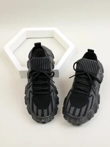 鋸齒紋繫帶裝飾針織厚底運動鞋 - 黑色 - 查看 4