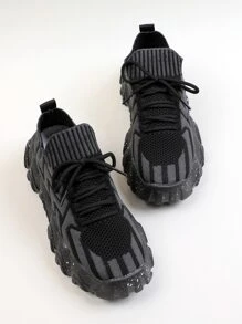 鋸齒紋繫帶裝飾針織厚底運動鞋 - 黑色 - 查看 5
