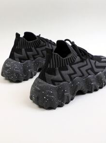 鋸齒紋繫帶裝飾針織厚底運動鞋 - 黑色 - 查看 6