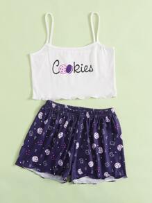Girls Letter And Biscuits Print Cami PJ Set - Blue and White - View 1