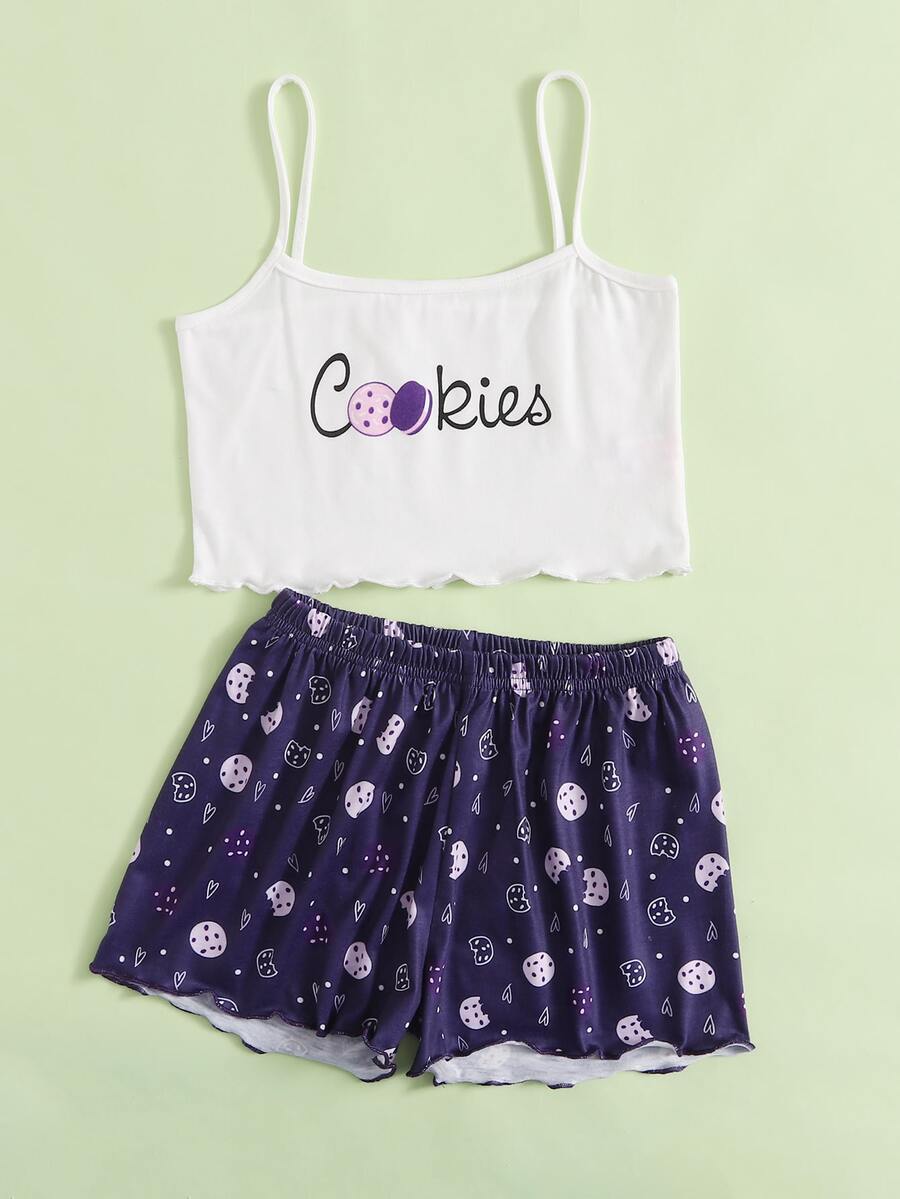Girls Letter And Biscuits Print Cami PJ Set - Blue and White - View 1