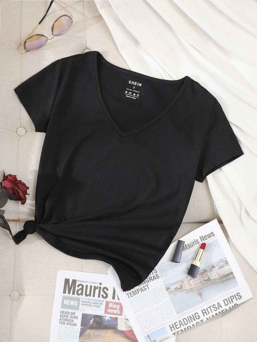 INAWLY Áo thun cổ chữ V trơn - màu đen - Xem 1