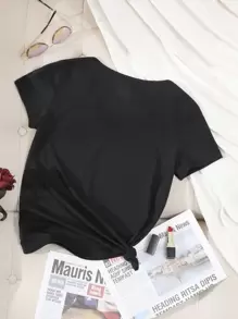 INAWLY Áo thun cổ chữ V trơn - màu đen - Xem 2