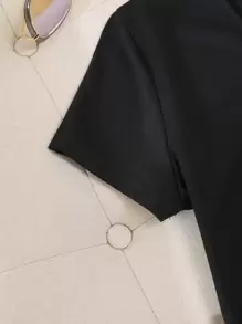 INAWLY Áo thun cổ chữ V trơn - màu đen - Xem 3