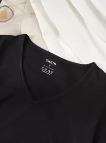 INAWLY Áo thun cổ chữ V trơn - màu đen - Xem 6